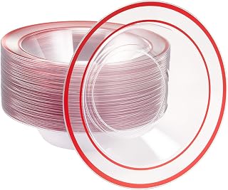 BESTSTAR 50 Pack clear Plastic Bowls with Red Rim