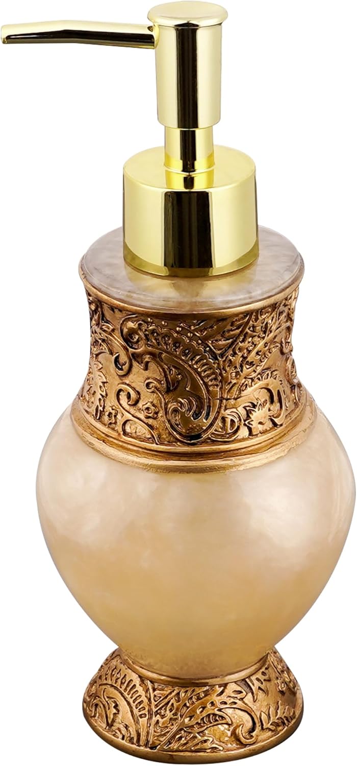 Resin Soap Dispenser, 260 ML Refillable Decorative Soap Bottle with Vintage Embossed Details and Gold Pump, Elegant Antique Style for Sink, Vanity or Bathroom Countertop (Gold)