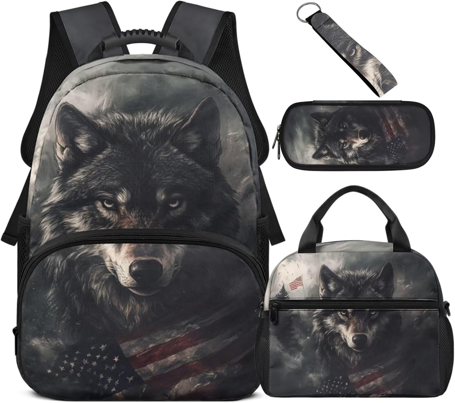 YEXIATODO Fire Lion Backpack for Kids Boys with Lunch Box Pencil Case Key Chain Teen Schoolbag Set Middle School Bookbag Travel Hiking Cycling Rucksack Daypack Sets