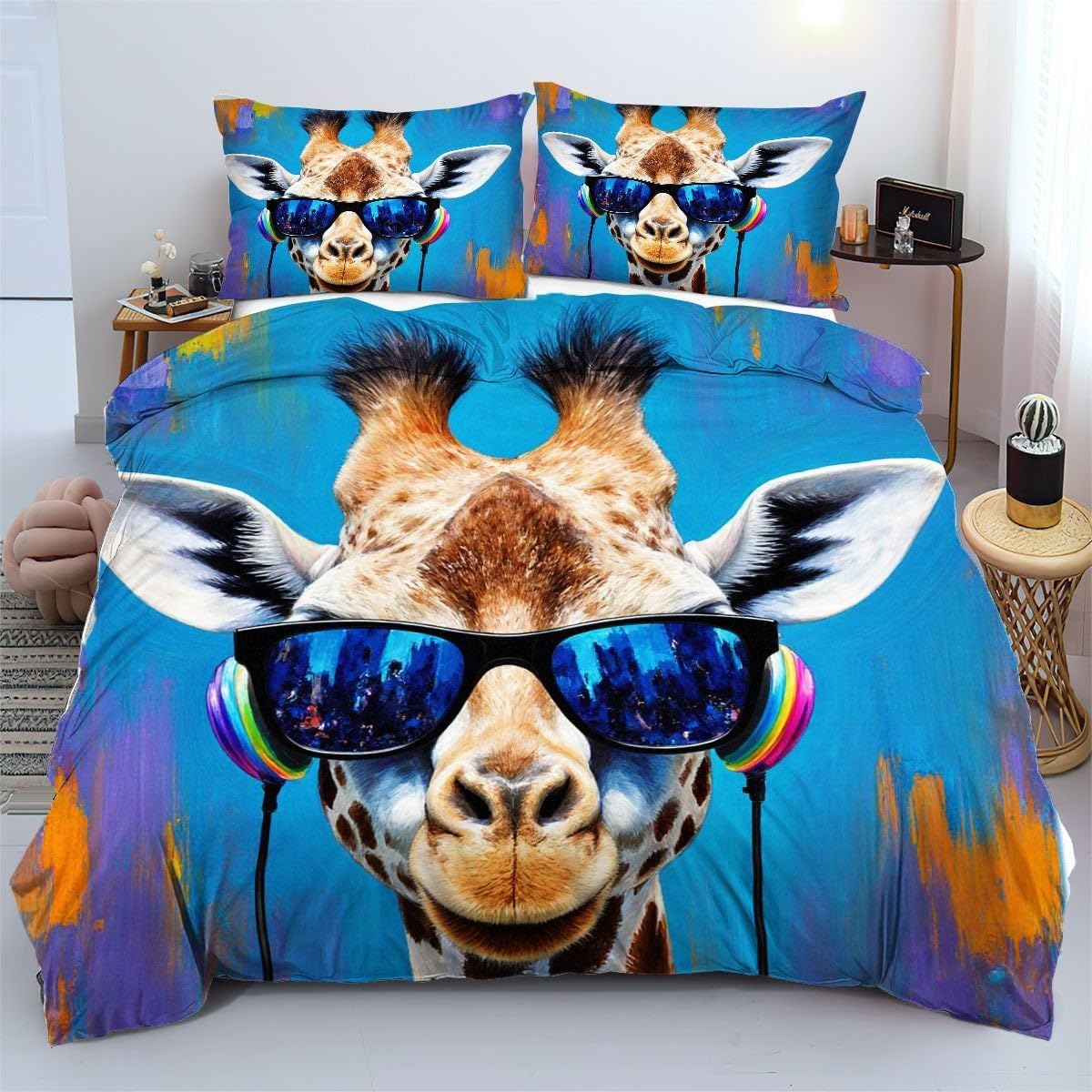 Housse de couette 90x190 cm girafe lavable en machine pour lit enfant