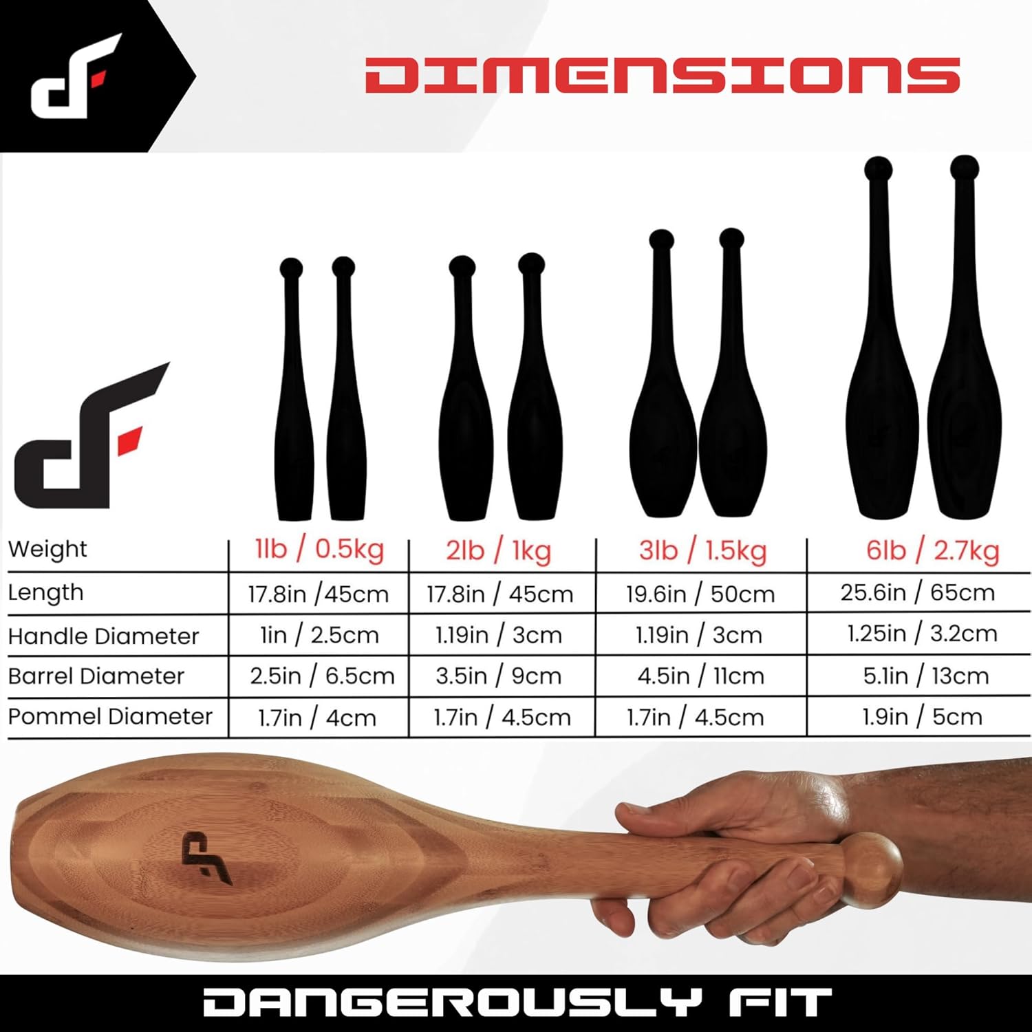 Indian Clubs - Pair of Traditional Wooden Clubs - 1lb, 2lb, 3lb & 6lb - Shoulder & Grip Strength & Mobility Fitness Exercise Training - Home & Gym Workout