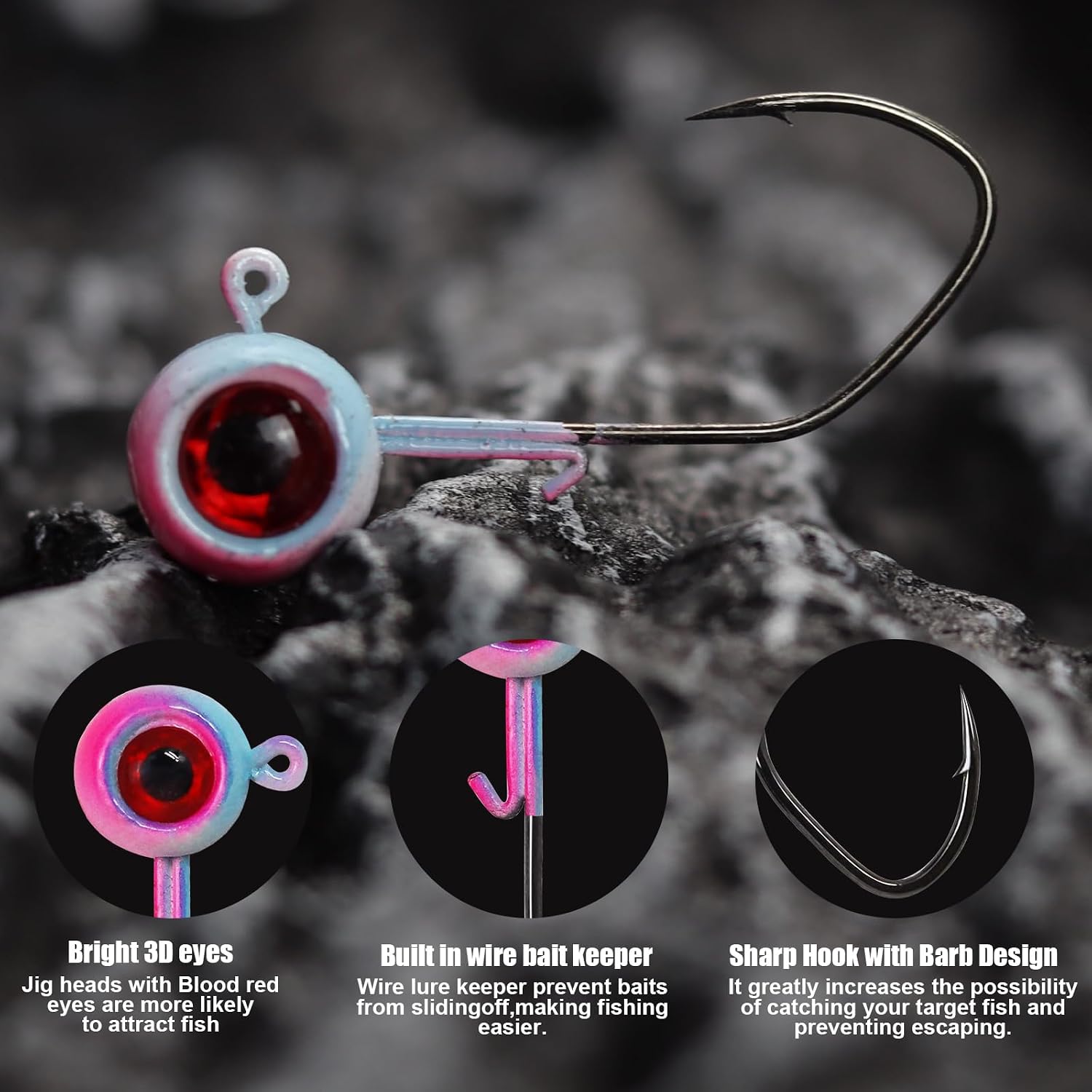 Painted Crappie Jig Heads 3D Eyes Fishing Hooks with Wire Keeper Lures for Crappie Panfish Bass Fishing Jig Hooks Assortment 1/16 oz 1/8 oz 3/16oz 3/8 oz 1/4 oz