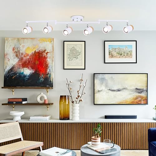 Miniatura 2 de TeHenoo Luz de pista de 6 luces, brazos flexibles, focos de rotación de 350 con pantalla de metal y madera natural para sala de estar, comedor,
