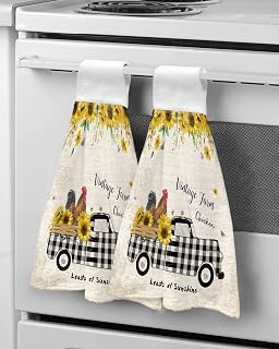 2 Pack Hanging Kitchen Towels,Chicken Black Buffalo Plaid Trucks Absorbent Soft Hand Tie Towel with Loops Dish Cloths Wash Cloth for Bathroom Laundry Room Vintage Sunflower Leaves