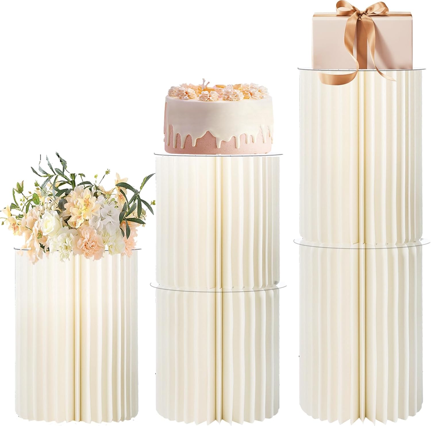 Cylinder Stands for Party set of 5, Paper Pillars Pedestal Stand, Foldable Cardboard Columns Cylinder Table for Birthdays Weddings Baby Showers, Halloween, Christmas Parties Display Decor