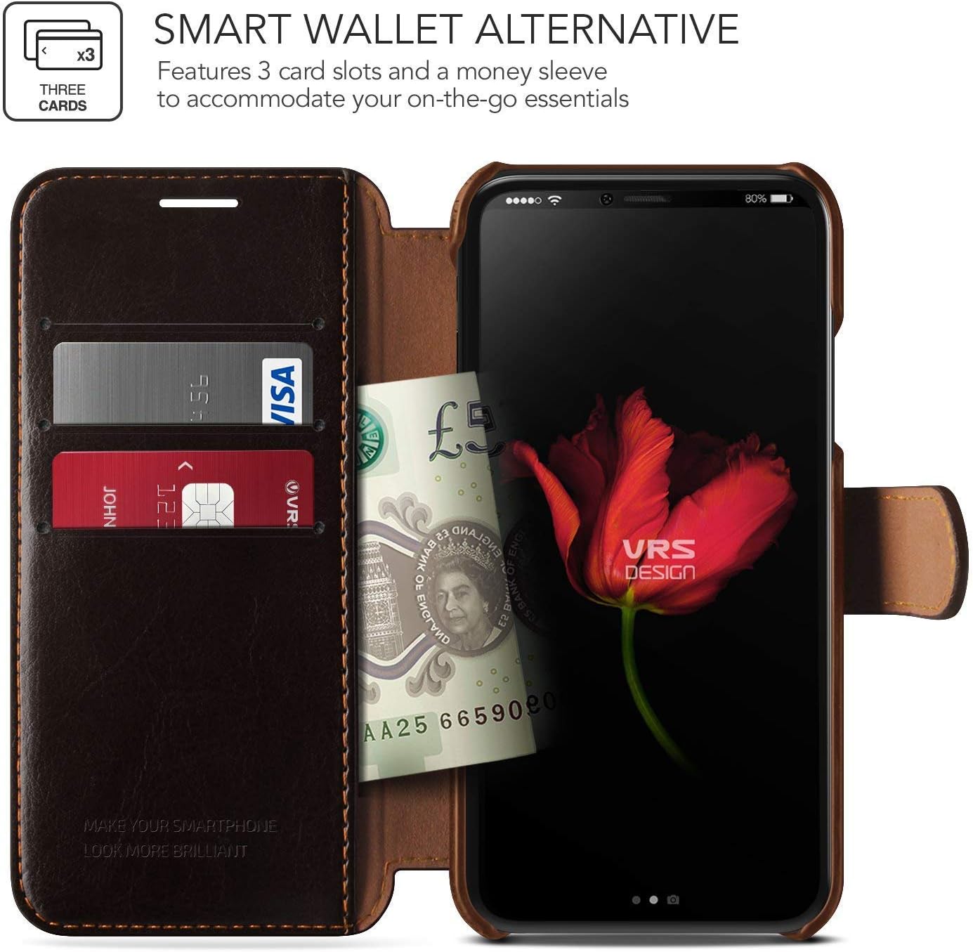 VRS DESIGN iPhone Xs Case, Drop Protection Cover Classy Slim Premium PU Leather Wallet [Dark Brown] ID Credit Card Slot Holder for Apple iPhone Xs/X (10) [Layered Dandy]