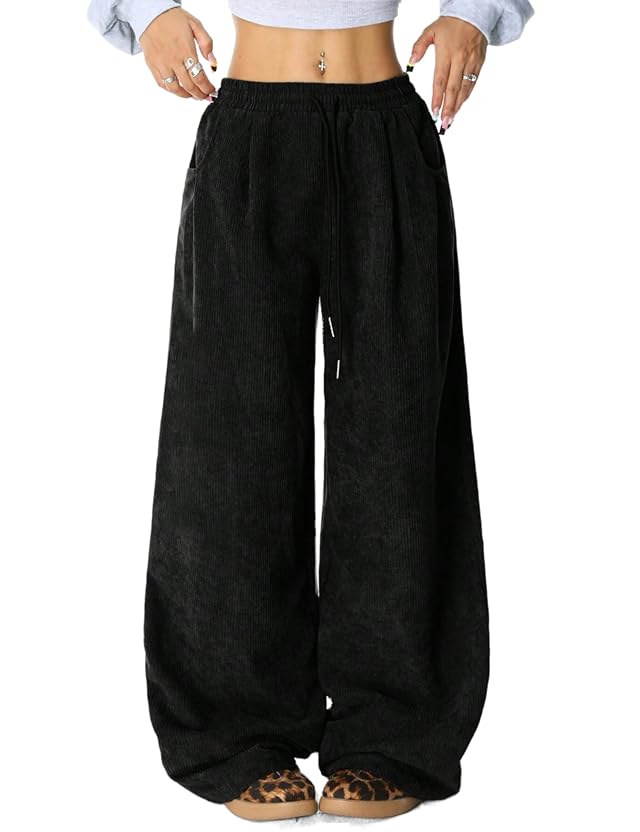 Unilexi Womens Wide-Leg Corduroy Pants with Drawstring Elastic Waist Casual Palazzo Pants Loose Fit