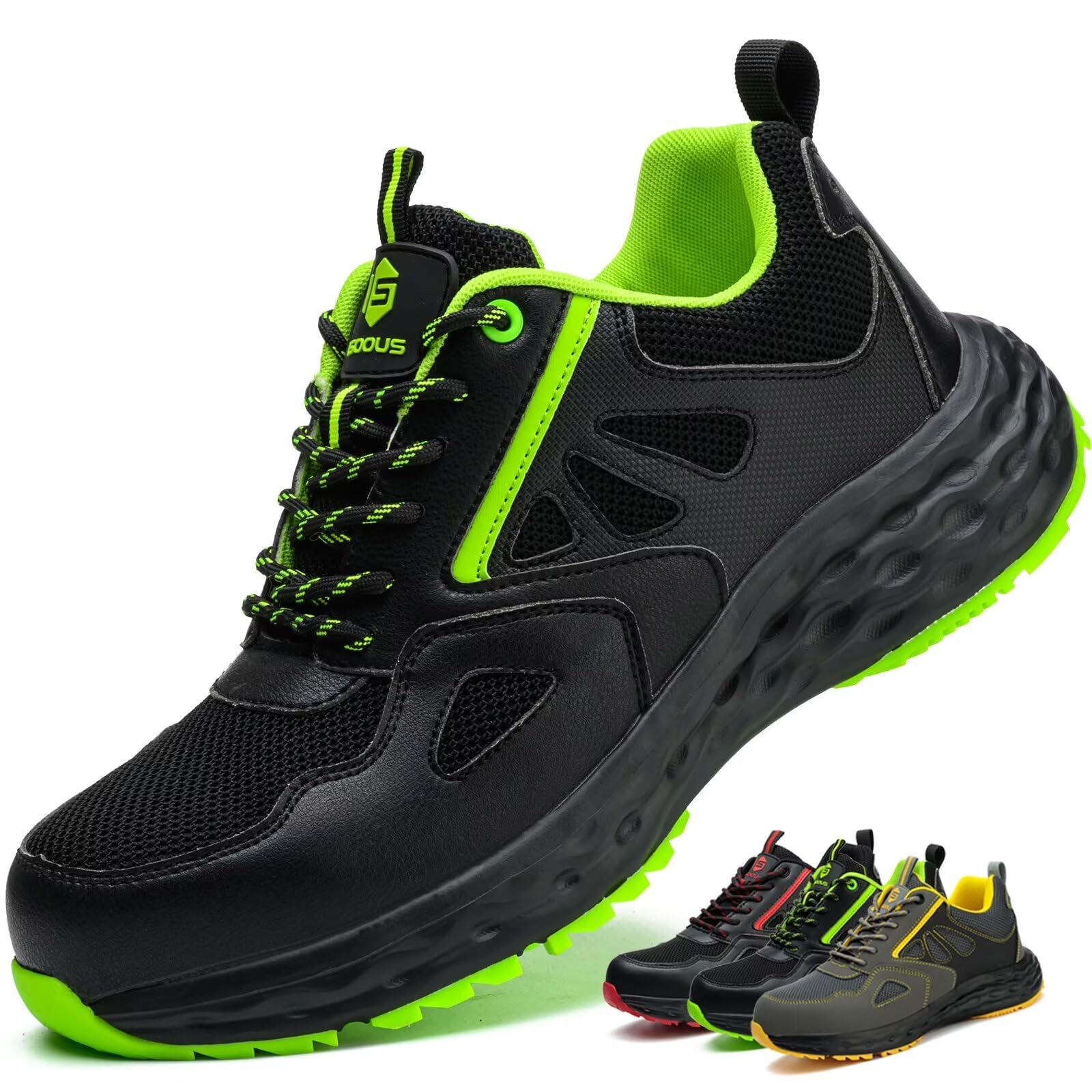Buty Ochronne Męskie Obuwie Robocze Damskie Plastikowym Noskiem Obuwie Ochronne Lekkie Antypoślizgowe Oddychające Sportowe Czarny Zielony EU 43