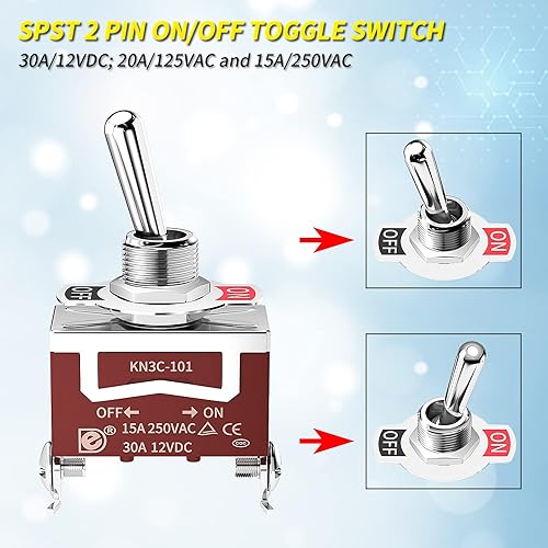 Miniatura 4 de Joinfworld Interruptor de palanca de 12 V CC 125 V SPST 2 pines impermeable interruptor de palanca marino 12 voltios interruptor de encendido y