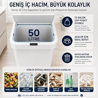 50 Litre Sensörlü Çöp Kovası, Otomatik Temassız Akıllı Çöp Kutusu, Dokunmatik Açma Özellikli, Sessiz Kapanan, Büyük Boy Mutfak, Ofis ve Ev İçin Beyaz