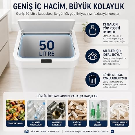 50 Litre Sensörlü Çöp Kovası, Otomatik Temassız Akıllı Çöp Kutusu, Dokunmatik Açma Özellikli, Sessiz Kapanan, Büyük Boy Mutfak, Ofis ve Ev İçin Beyaz
