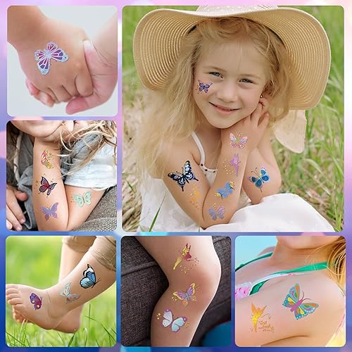 Miniatura 6 de Tatuajes temporales impermeables  92 piezas de tatuajes falsos de mariposa Groovy para niños, calcomanías de fiesta, suministros de maquillaje,