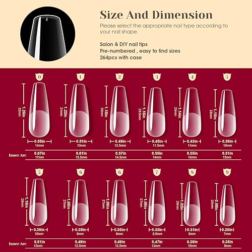 Miniatura 8 de ROSALIND - 264 puntas de uñas postizas largas medio mate, 12 tamaños, puntas postizas suaves de cobertura completa, puntas de uñas de gel de ataúd