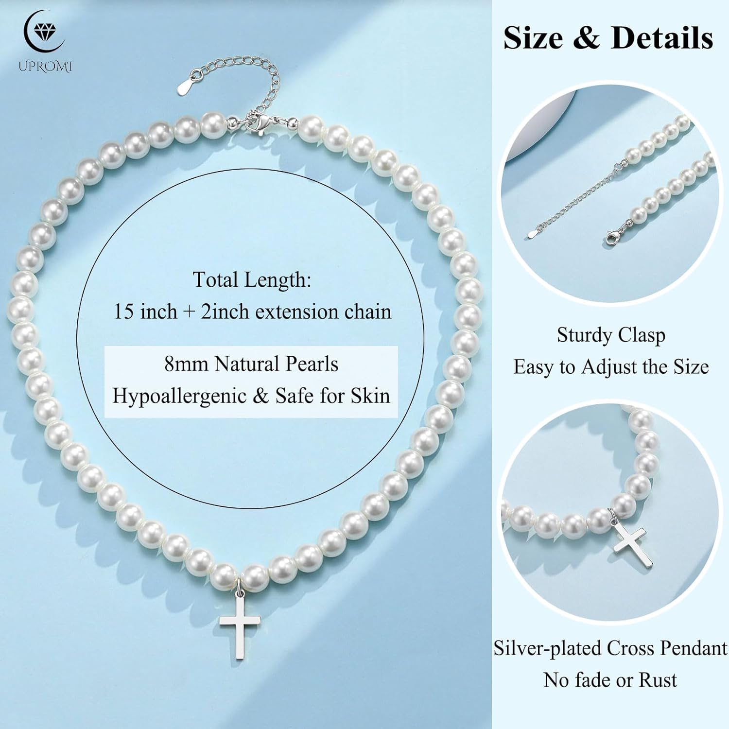 UPROMI Baptism/First Communion Gifts for Girls Pearl Cross Necklace - Image 3