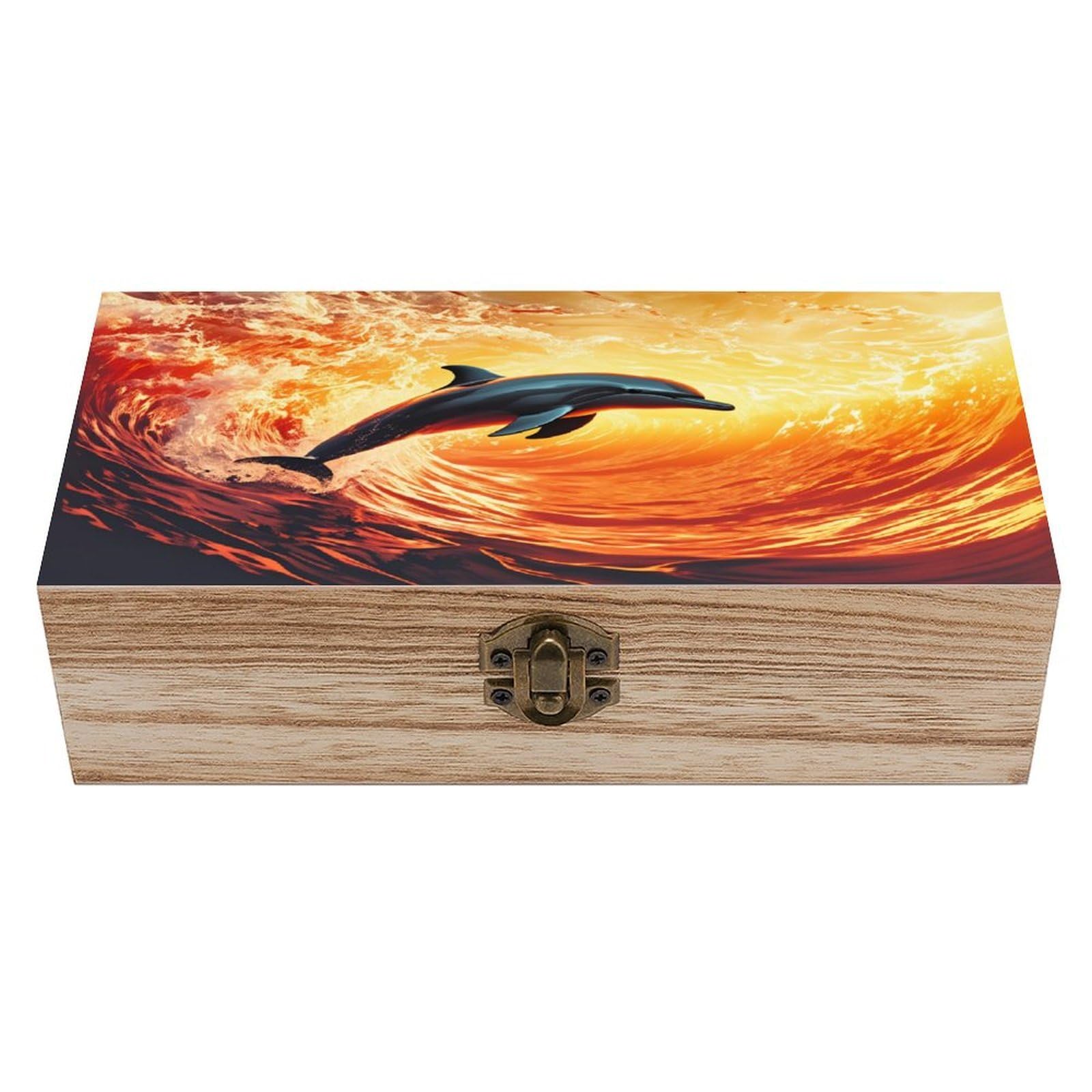 asbwuo Dolphins Leaping Over Waves Vintage Wooden Keepsake Box