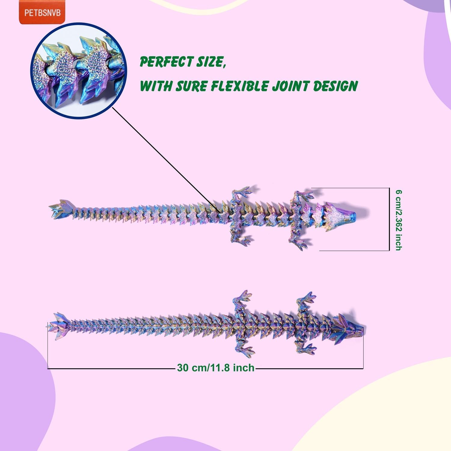 Three Color 12" 3D Printed Dragon, Articulated Dragon, Crystal Dragon, Dragon Fidget Toy, Home Office Decor Executive Desk Toy (Blue Head)