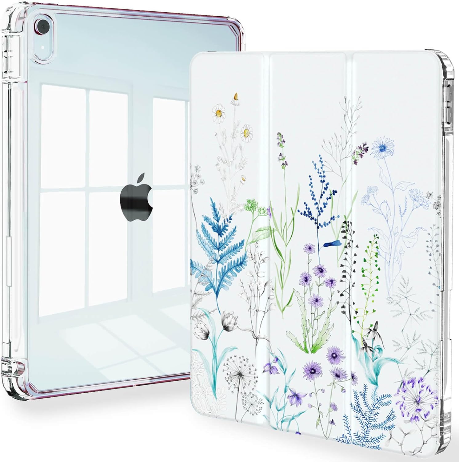 Feams Slim Case for iPad Air 11-inch M4/M3/M2 (2026/2025/2024), iPad Air 5th/4th Generation (2022/2020) 10.9 Inch Case Clear Back with Pencil Holder & Auto Sleep, Elegant Flowers