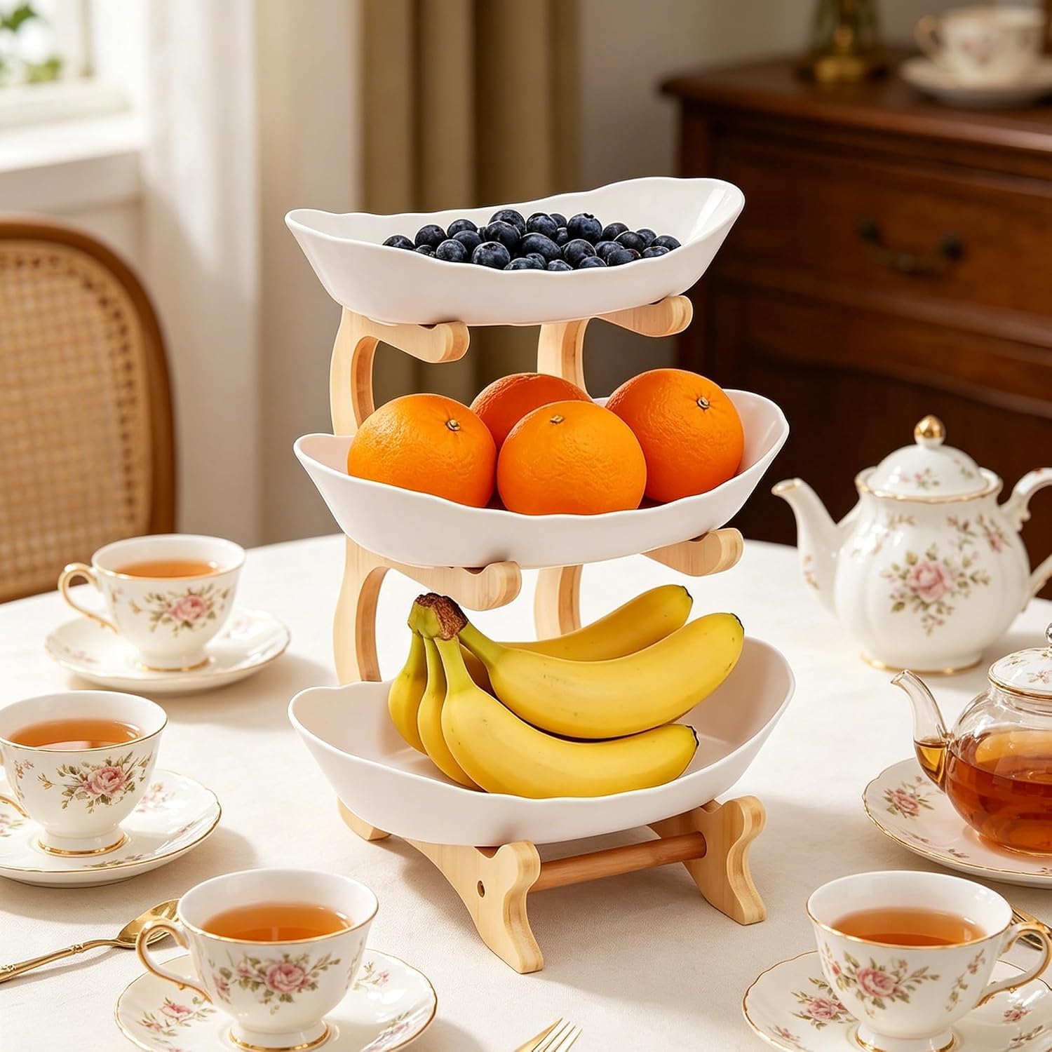 Cesta de frutas de bambú, cuenco ovalado desmontable de 2 niveles, organizador de ahorro de espacio para encimera de cocina, diseño apilable para frutas y verduras del hogar, almacenamiento de cocina