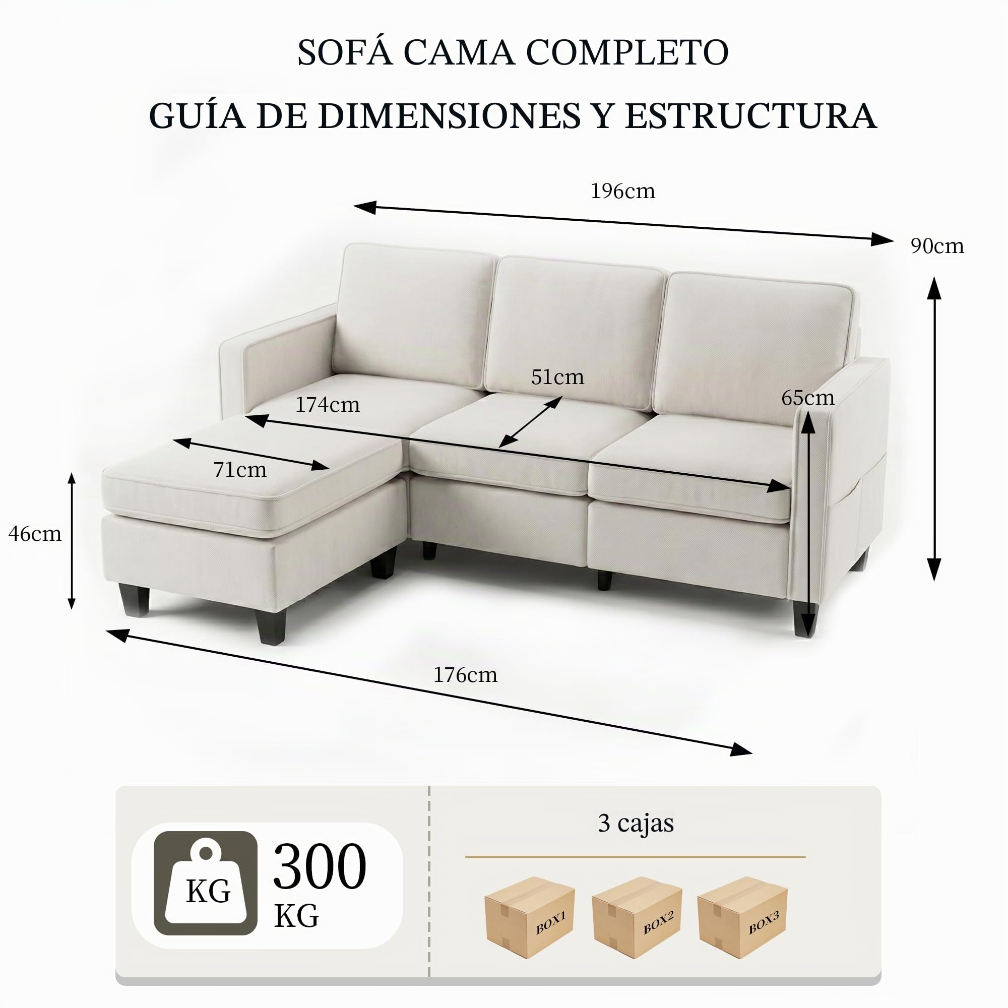 HIPIHOM Sofá de 3 plazas beige con taburete, moderno sofá en forma de L con reposapiés móvil, cómodo sofá esquinero con acolchado de espuma para salón, dormitorio, oficina y espacios pequeños