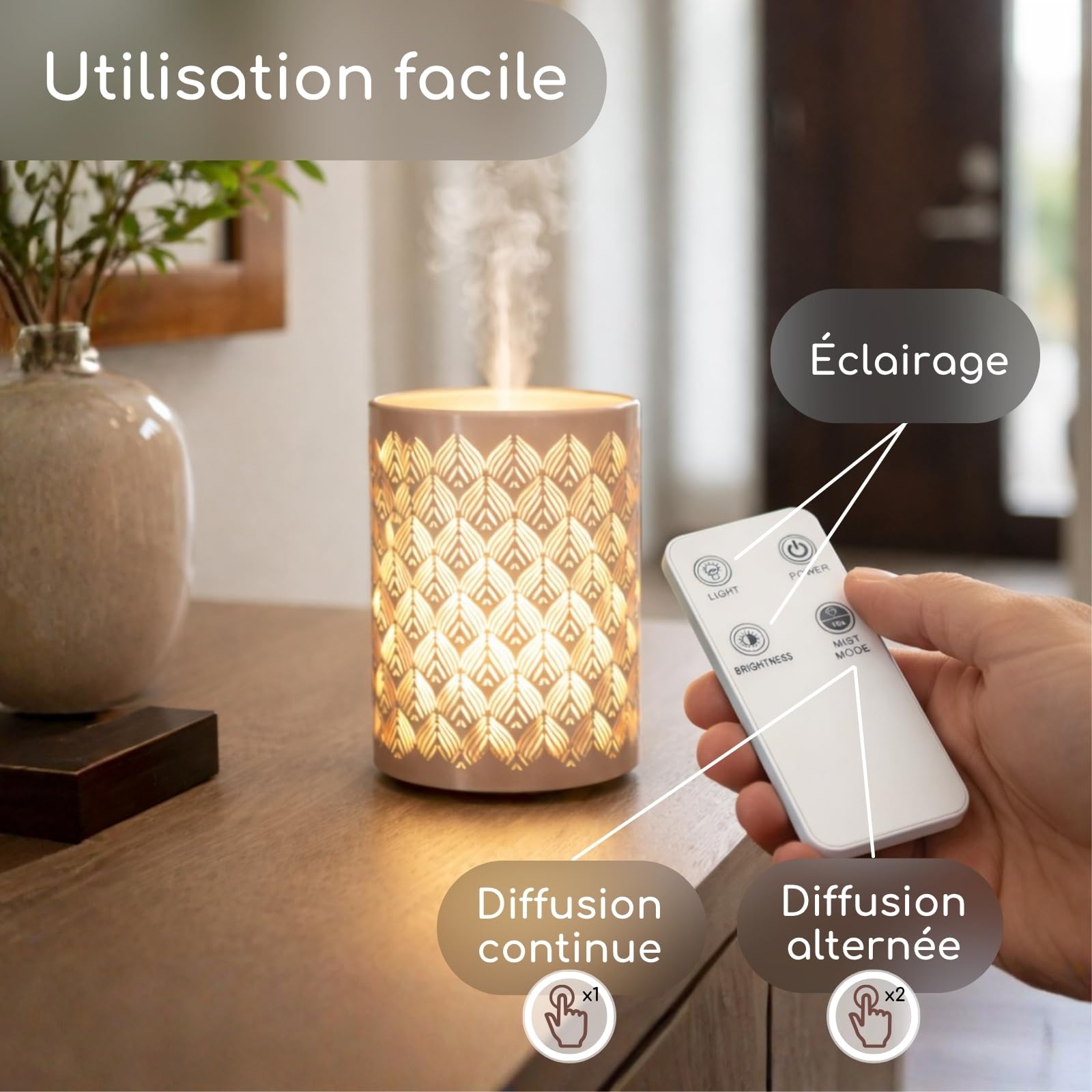 Zen’Arôme Diffuseur Huile Essentielle Vienne – Diffusion Ultrasonique Multifonction Aromathérapie à Froid – Parfum Maison - Télécommande et Éclairage LED Coloré – Métal et Verre