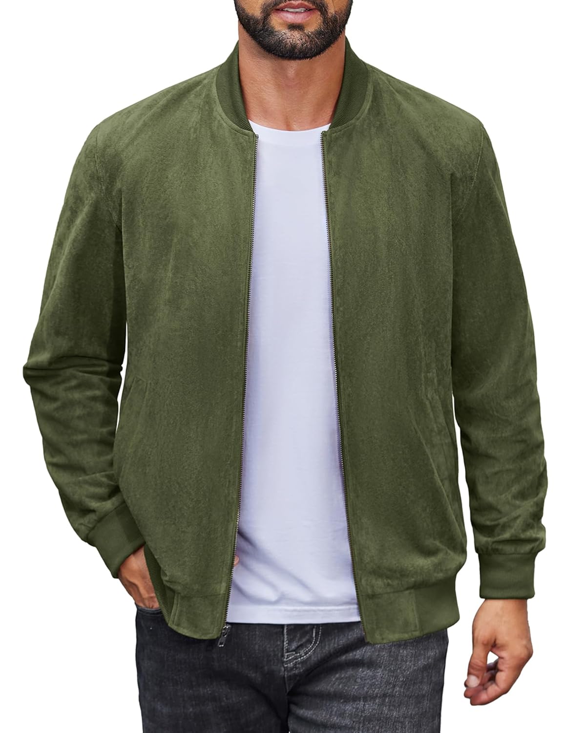 COOFANDY Mens Lightweight Suede Bomber Jackets Casual Varsity Jacket Vintage Faux Leather Jackets