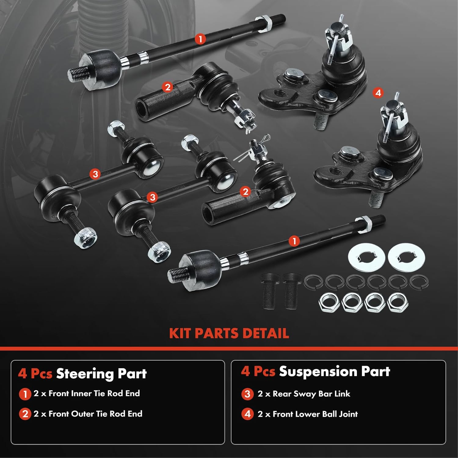 A-Premium Set of 8, Front Lower Ball Joint, Inner & Outer Tie Rod End, Rear Sway Bar Link, Compatible with Toyota Corolla 1988-1992, Geo Prizm 1989-1992, with Power Rack Gear Box Steering