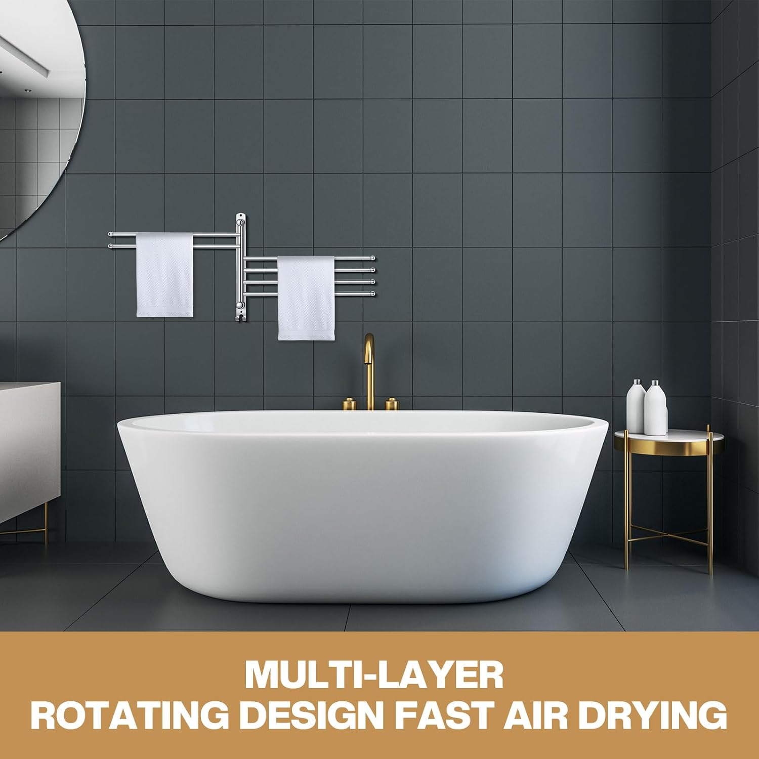 Teenyyou 20.4 Inches Swivel Towel Rack 304 Stainless Steel 6 Arms Bathroom Towel Rack Hanger Pool Holder Wall Mounted Swivel Bar Space Saving with Hook(Sliver)