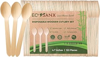 ECOSANX® 120 PCs Wooden spoons for eating, 6.5" Splinter Free small disposable spoons, Eco-Friendly, 100% All-Natural Compostable spoons for Outdoor, Bamboo spoon Disposable for Camping Events & More