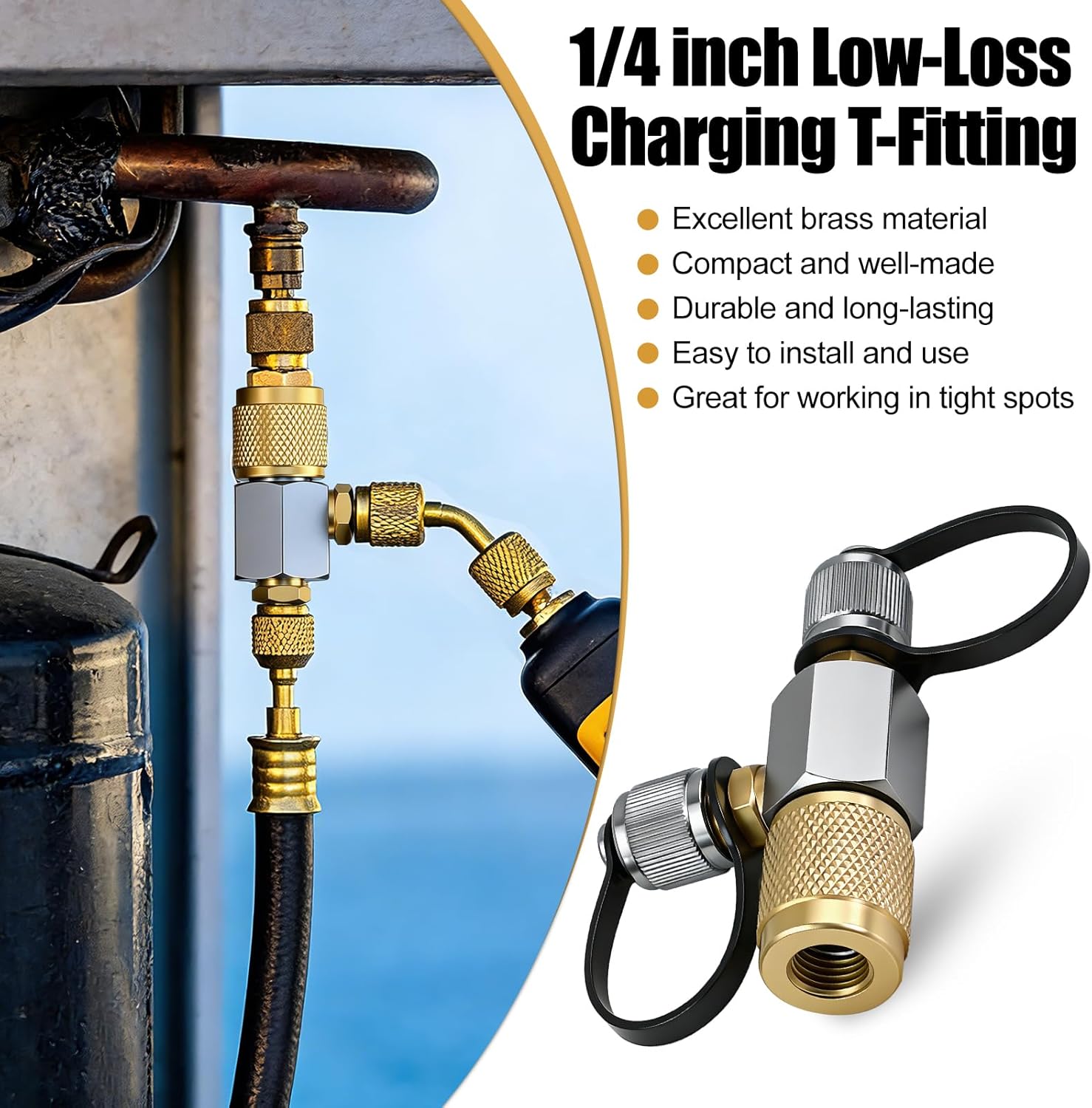 CTEE14 Low-Loss Charging T-Fitting Replacement 1/4in Flare Quickly Check Charging System Pressure for Precise Charging of A/C/Refrigeration Systems without Manifolds or Unnecessary Hoses