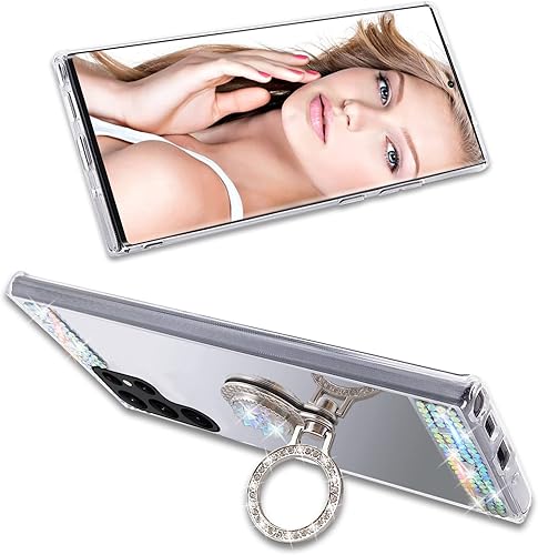 Miniatura 4 de LUVI Compatible con Galaxy S22 Ultra - Funda de espejo de maquillaje con diamantes de imitación con soporte de anillo, soporte de soporte, linda