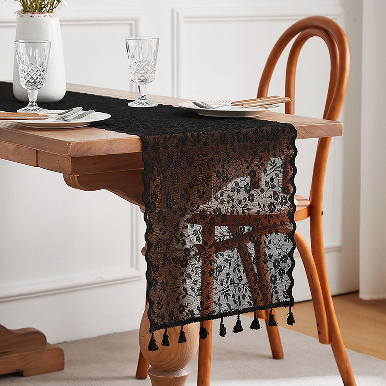 KLUSIET Long Table Runner with Tassels, Macrame Table Runners, Woven Lace Table Runner, Farmhouse Table Runner for Home Dining Table Décor(86.6in,J)