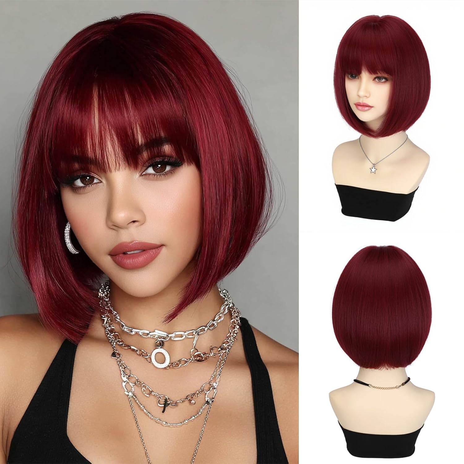 Bob Wig with Bangs Short Wigs for Women Ombre Brown to Blonde Synthetic Wig Straight Natural Hair Replacement Wigs Cosplay with Dark Roots for Holiday Daily Party Use 14 Inches