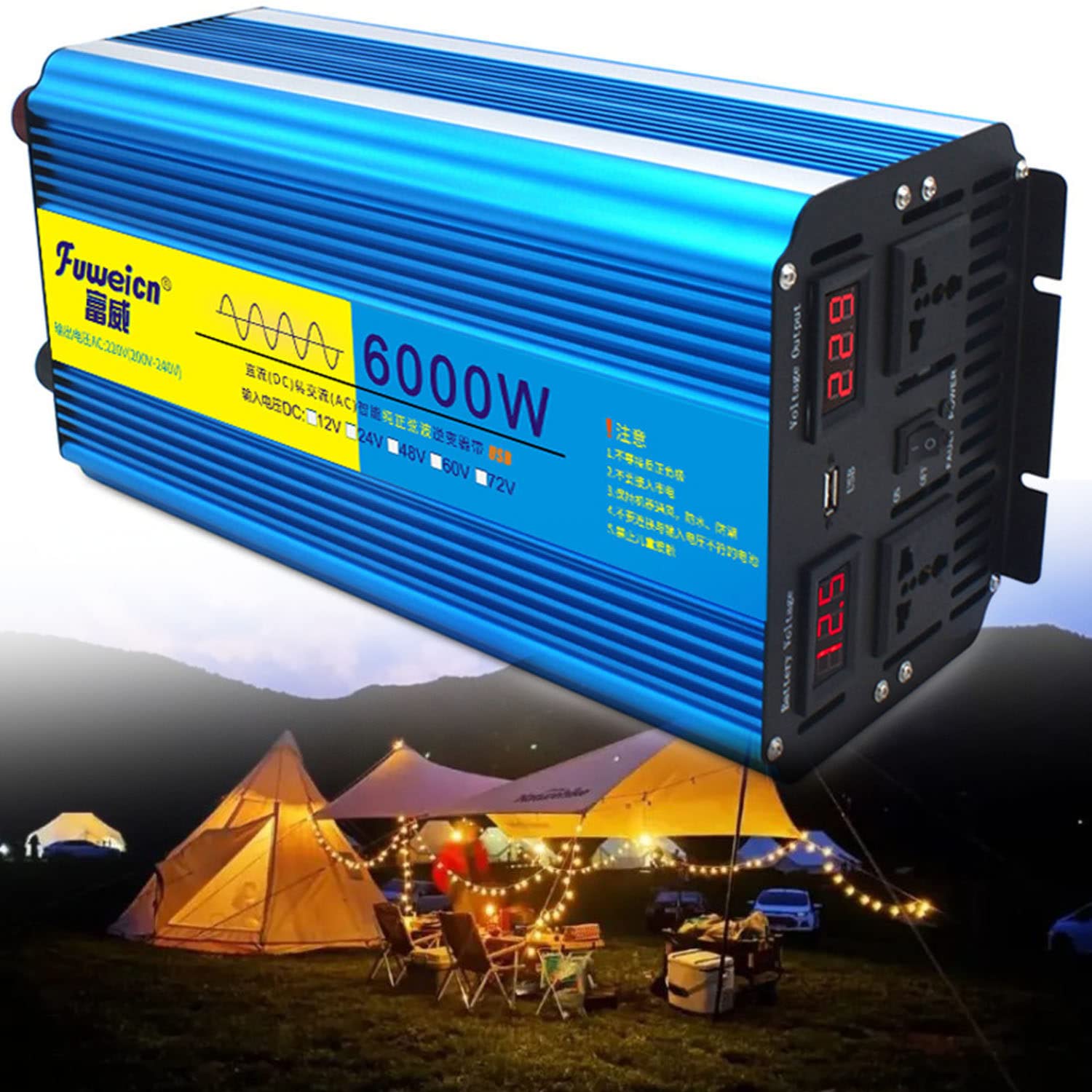 Falownik sinusoidalny 3000 W, 4000 W, 5000 W, 6000 W, 8000 W, DC 12 V/24 V na AC 110 V/220 V, samochodowy falownik z wyświetlaczem LCD, 2 gniazdami i portem USB 2,1 A, pilot zdalnego sterowania, 6000