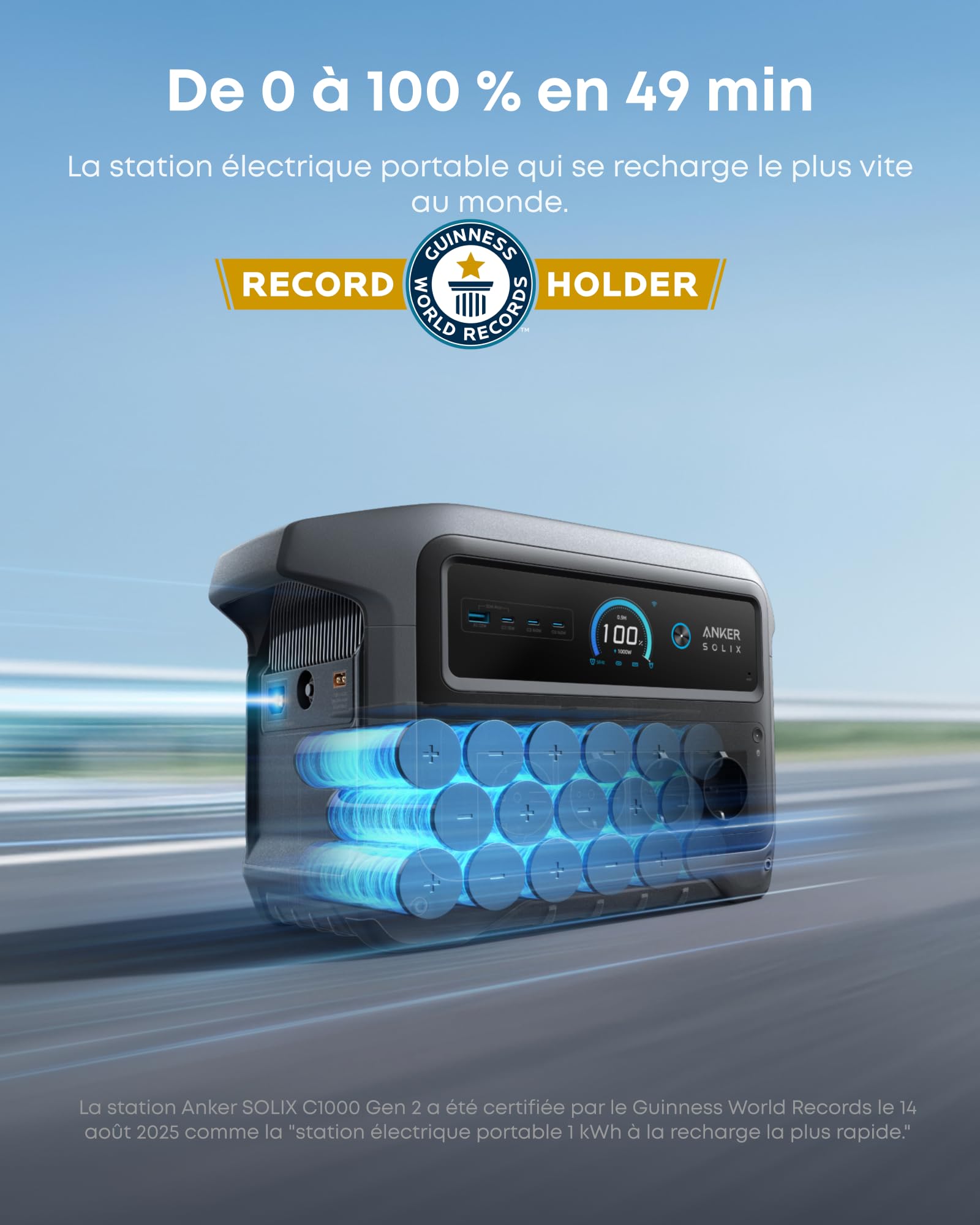 Station électrique portable Anker SOLIX C1000 Gen 2, générateur solaire 2 000 W (pic 3 000 W), charge totale en 49 min, batterie LiFePO4 1 024 Wh, pour les coupures de courant et le camping