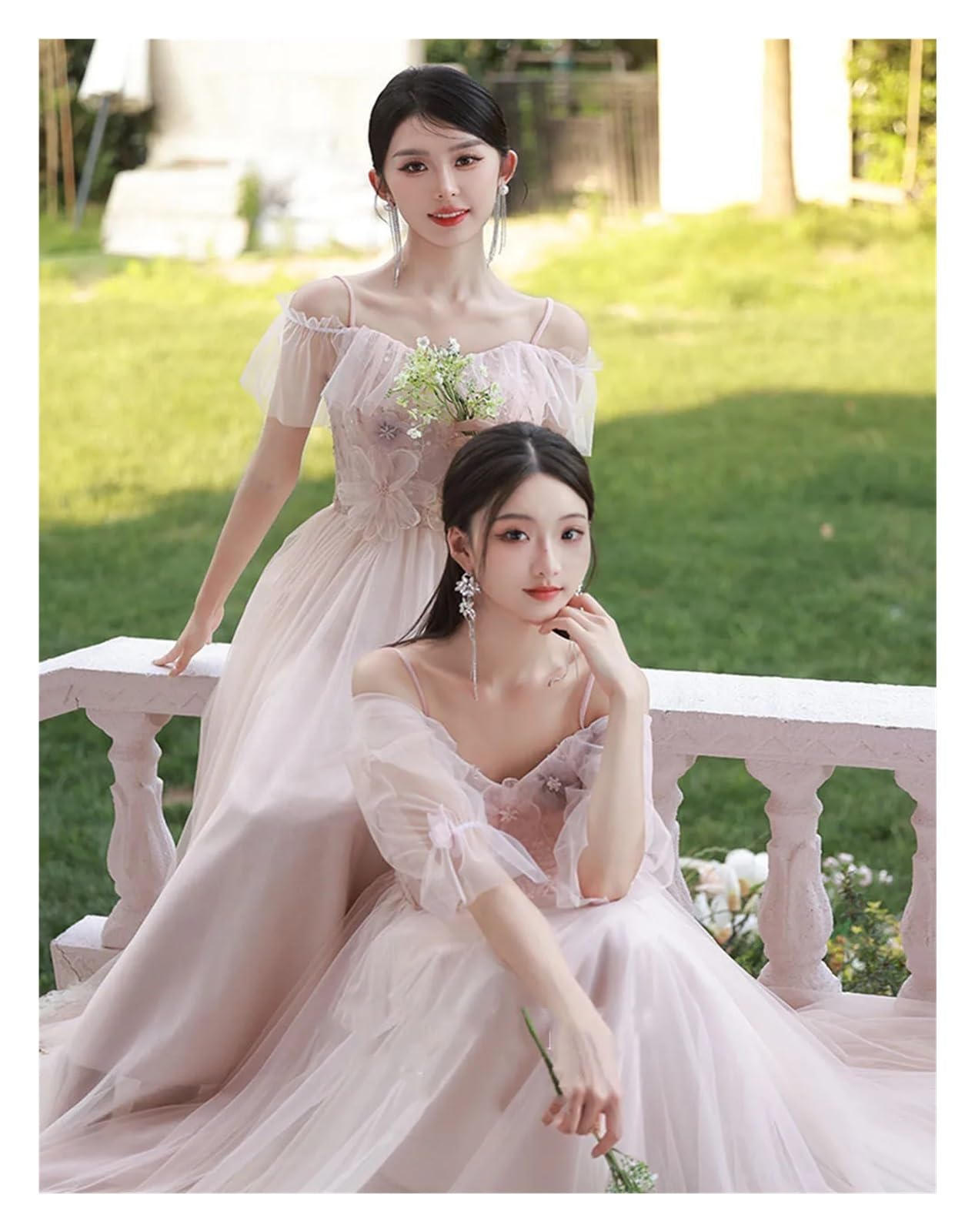 Robe de demoiselle d'honneur rose, 4 Styles, élégante, en Tulle fin, épaules dénudées, avec des Appliques de fleurs, ligne a, robe d'invité de fête de mariage Pour Mariage CéRéMonie(PINK Mid D,6)