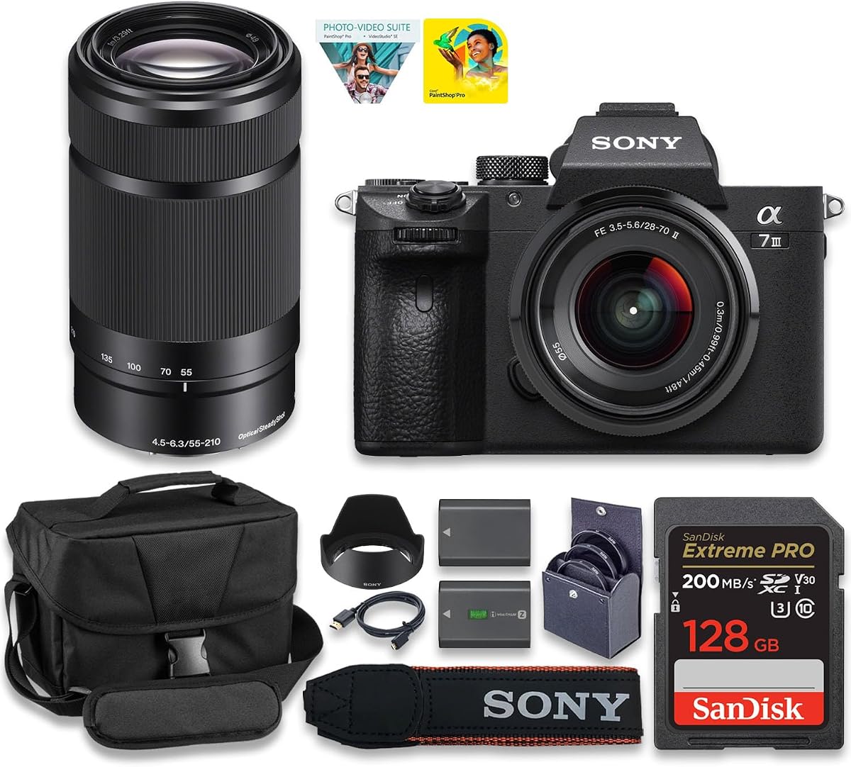 Sony Alpha a7 III Mirrorless Camera with FE 28-70mm & Sony E 55-210mm f/4.5-6.3 OSS Lens, 24.2MP Full-Frame, 4K Video + Spare Extra Reaplcemt Battery + 128GB Card + Camera Case