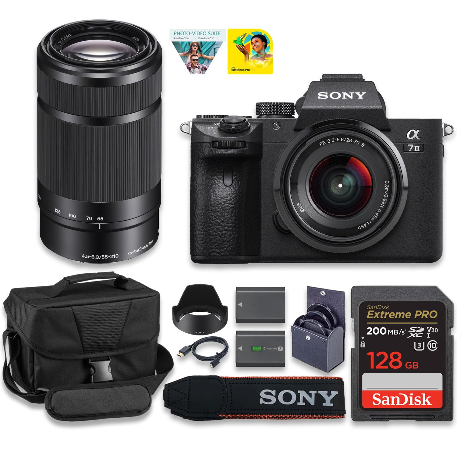 Sony Alpha a7 III Mirrorless Camera with FE 28-70mm & Sony E 55-210mm f/4.5-6.3 OSS Lens, 24.2MP Full-Frame, 4K Video + Spare Extra Reaplcemt Battery + 128GB Card + Camera Case