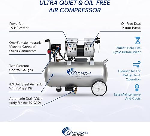 Vista 2 de California Air Tools 8010AD - Compresor de aire ultra silencioso y sin aceite, tanque de acero de 8 galones, ligero con ruedas, nivel de ruido de 60