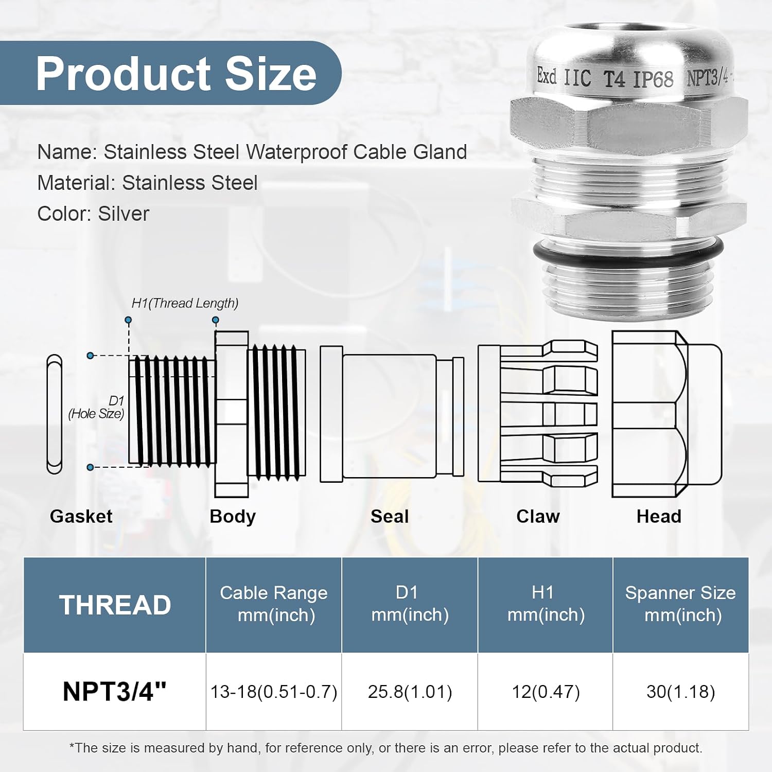 NPT 3/4" Stainless Steel Waterproof Cable Gland IP68, Adjustable 13-18mm