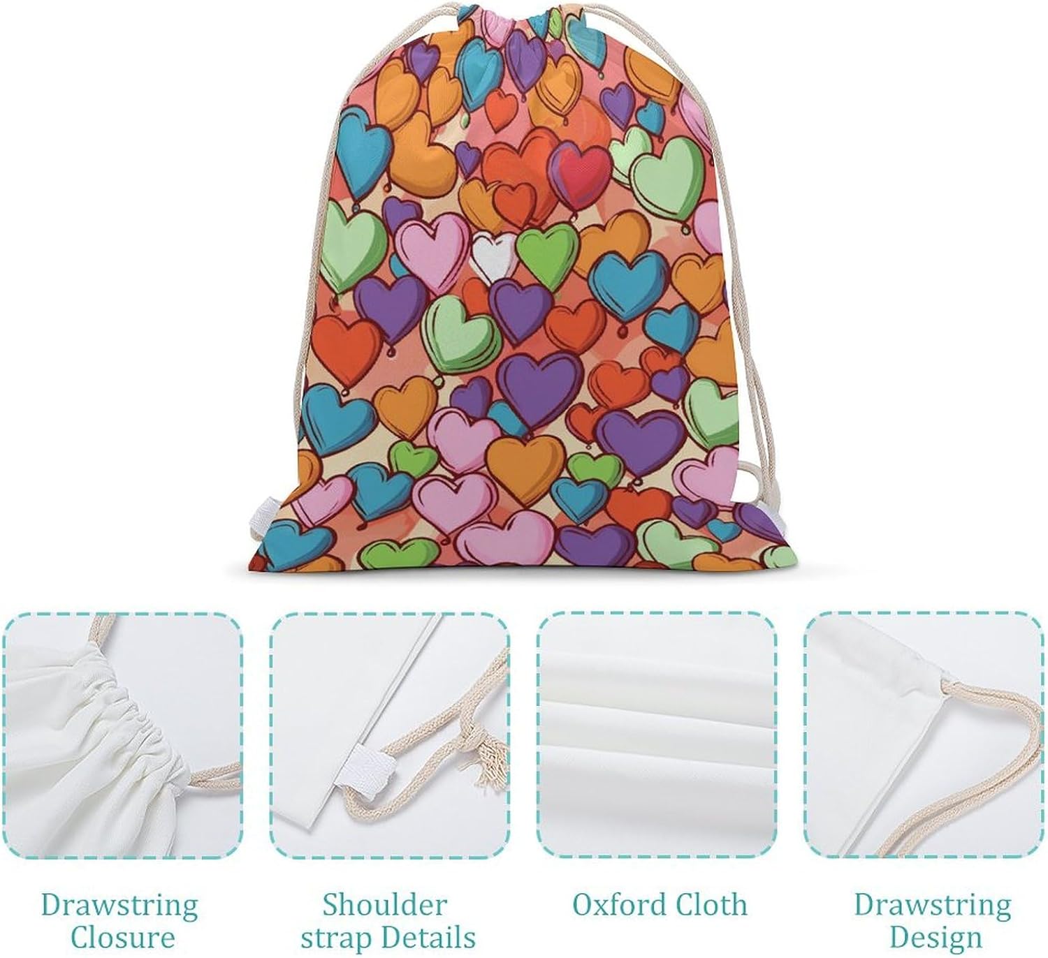 Drawstring Backpack Colorful Heart Pattern Printed Sport Gym Drawstring Bag Lightweight Cinch Sacks Backpack Drawstring Bags for Yoga Sport Gym Beach Travel Backpacks