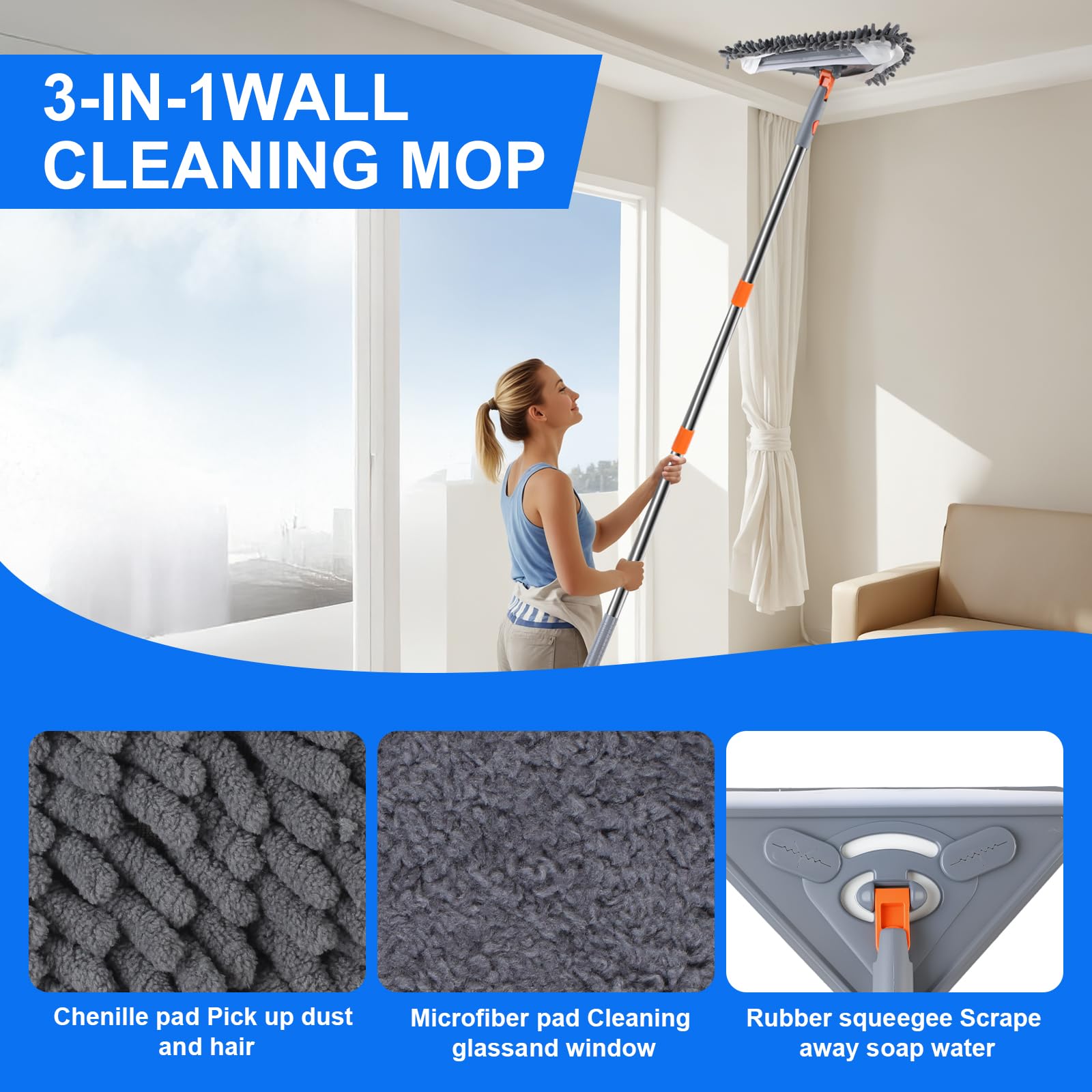 Mopa de pared con mango de 203 cm de largo, herramienta de limpieza de pared para ventanas, paredes, ventiladores de techo, polvo, zócalo, suelos, limpieza de techos de 360°, con escobilla de