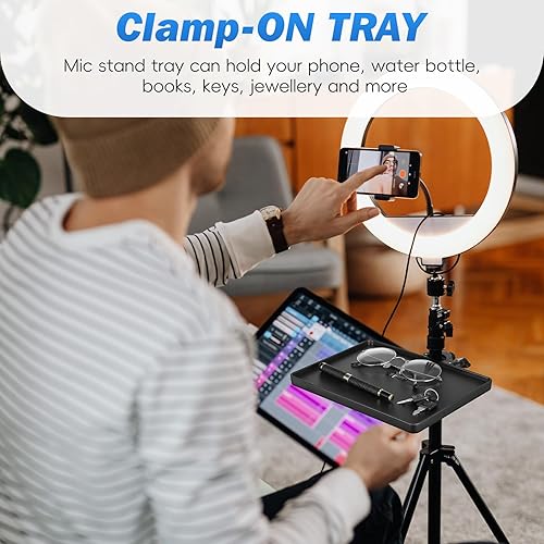 Miniatura 2 de Bandeja pequeña para micrófono, bandeja universal para micrófono, abrazadera de metal ajustable en el soporte de música, estante para hoja de