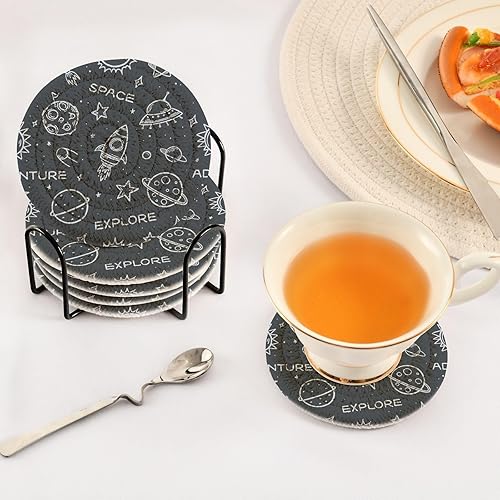 Miniatura 5 de innewgogo Space Rockets 6 Pcs Absorbent Drink Coasters for Tabletop Protection Handmade Round Woven Coaster with Holder & Heat Water Resistant Bulk