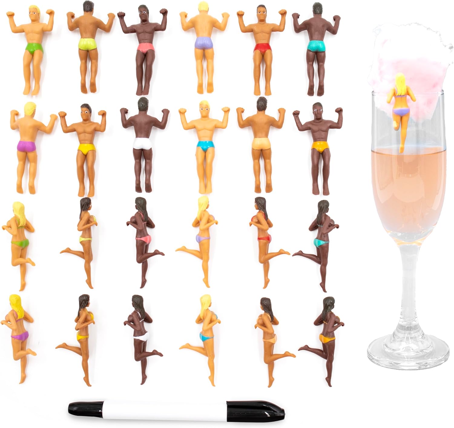 NPW Drinking Buddies Ultimate Party Edition Drink Markers & Wine Glass Charms – Customizable with Pen - Wedding & Large Party Accessories with Pen (24 Count, Mixed Male & Female Buddies)