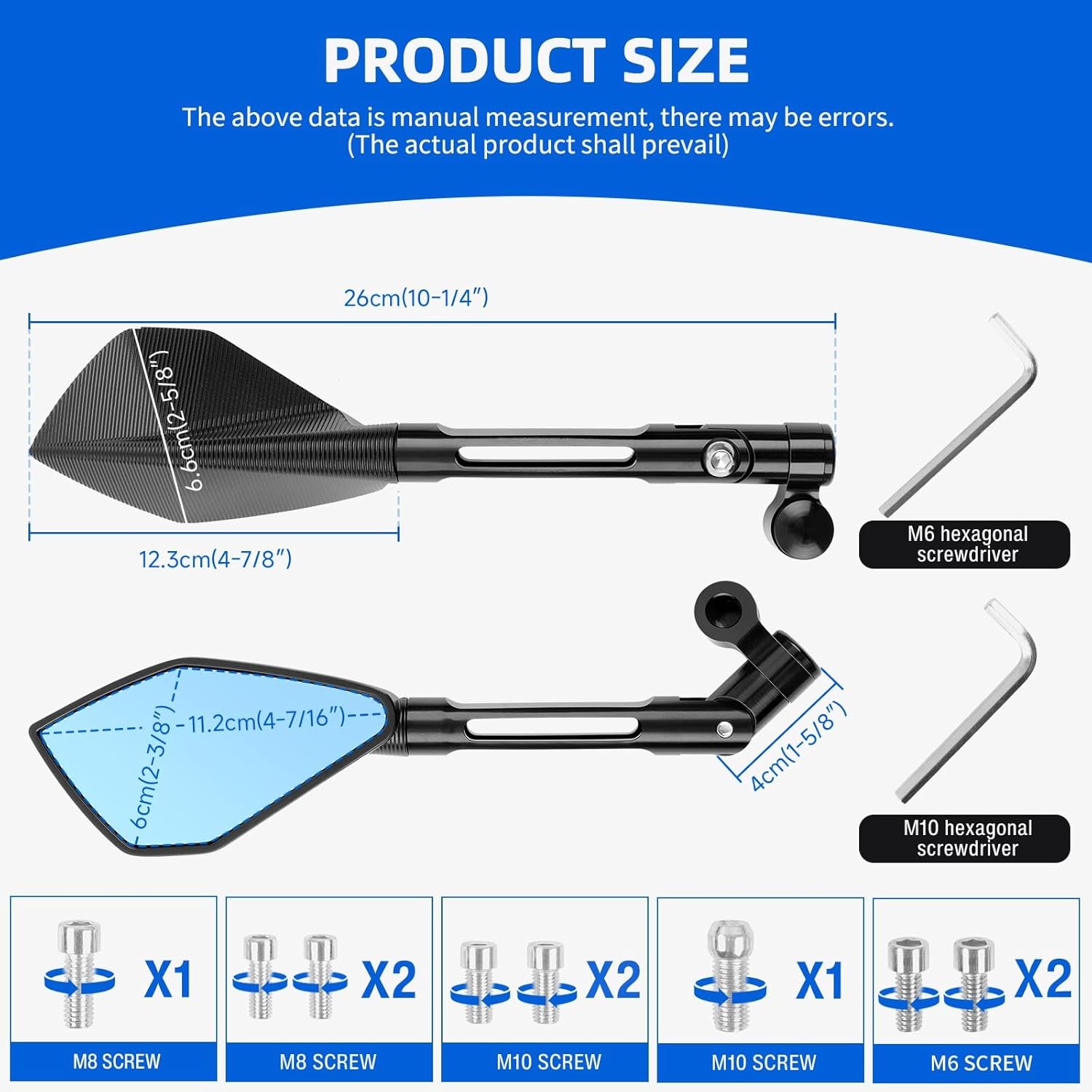 DREAMIZER Universal Motorcycle Mirrors M10 M8 Rearview Mirror Hawk-Eye Side Mirrors Compatible with Honda GROM MSX125 Kawasaki Z125 Pro Z750 Z650 Yamaha MT03 MT10 and More