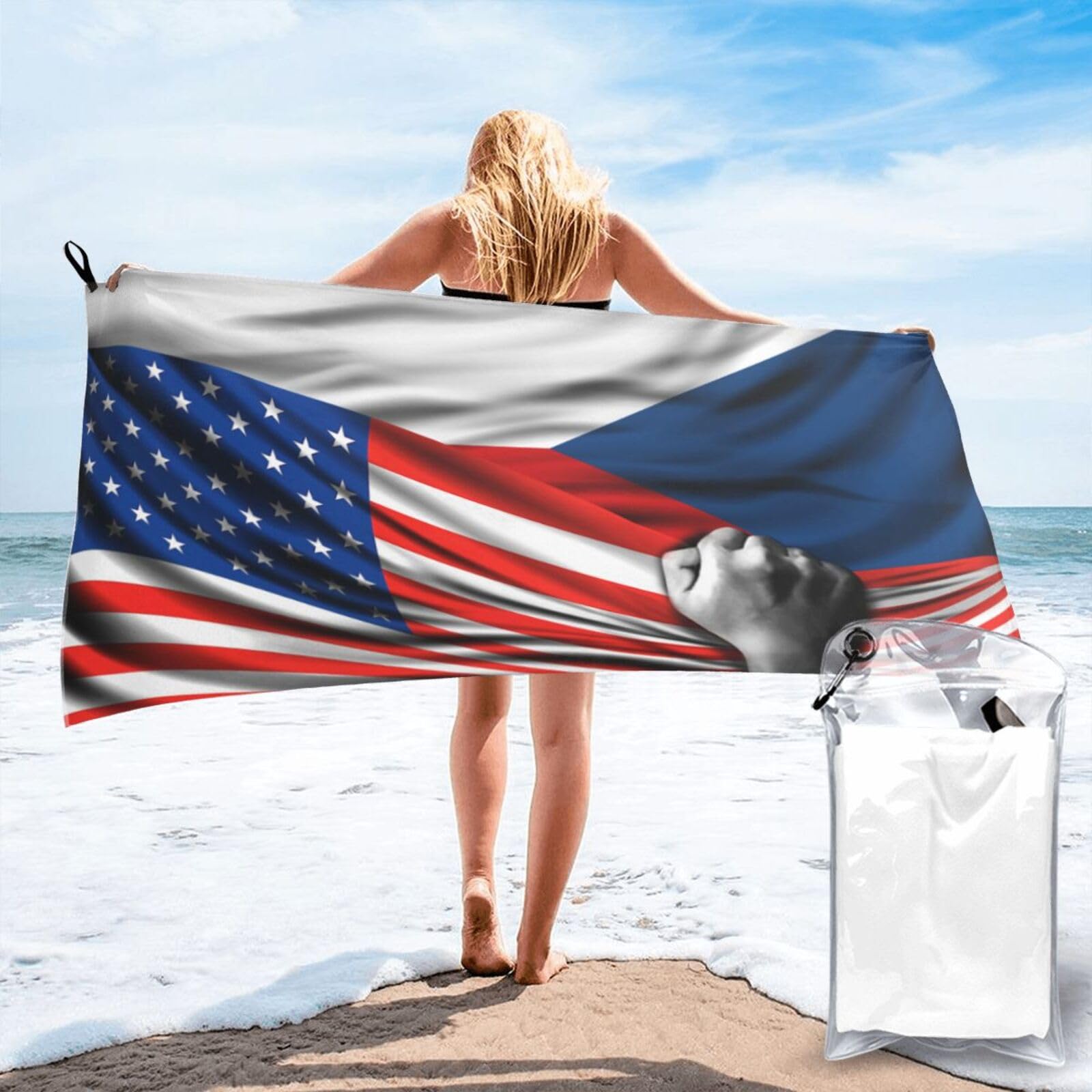 HACXZ Beach Towel America Flag and Czech Republic Czech Czechish Flag Microfiber Beach Towel Lightweight Absorbent 31.5"X63"