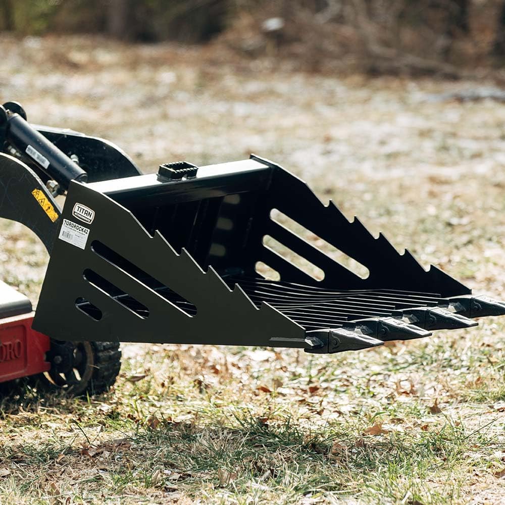 Titan Attachments Mini Skid Steer 3.5FT Skeleton Rock Bucket with Bolt-On Teeth, Toro Style Mounting System, Reinforced Side Cutters