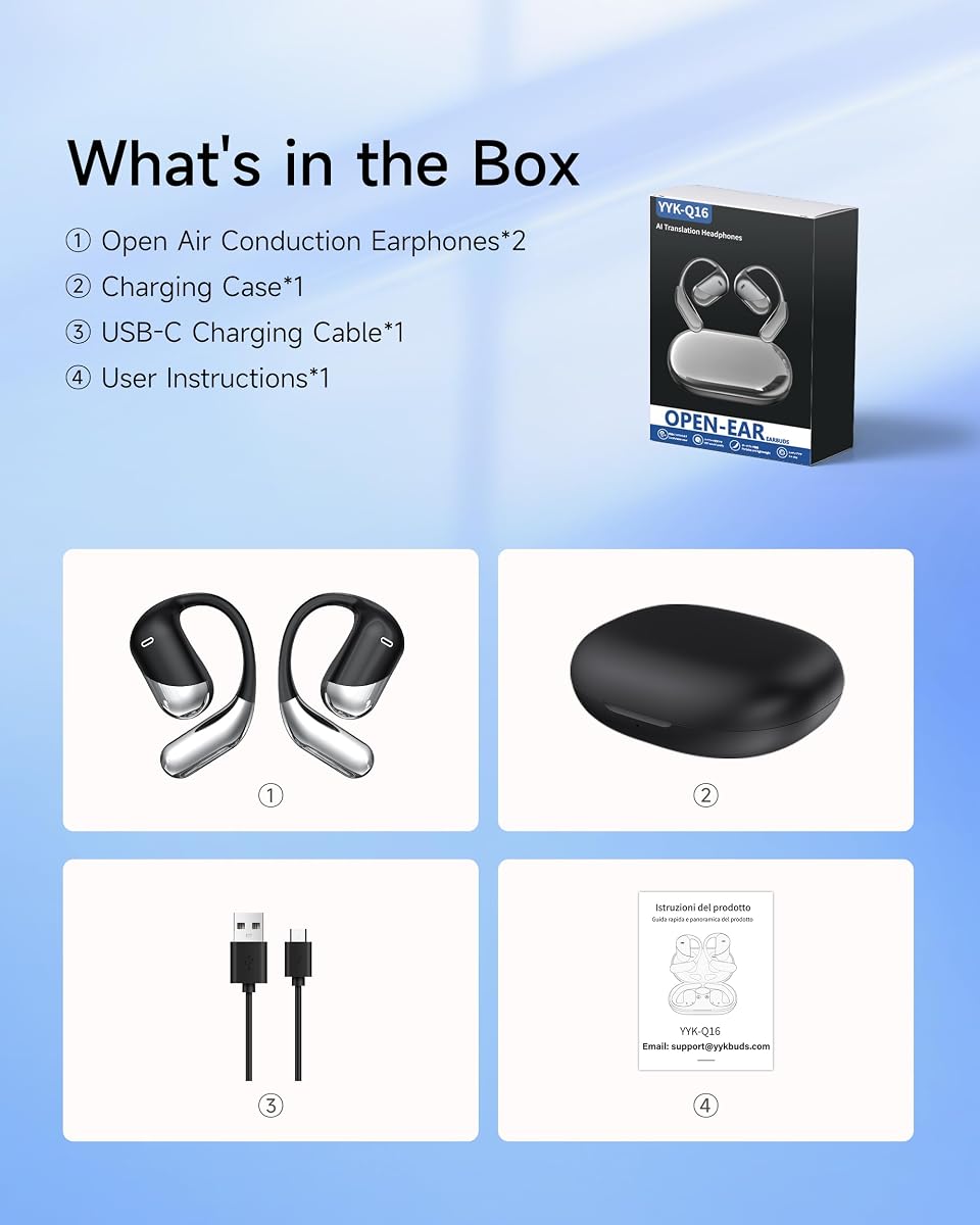 Open Ear Wireless Earbuds, Sports Bluetooth Headphones with Real Time Translation, 80Hrs Playtime with LED Power Display, Noise Canceling Headset, IP55 Waterproof Earphones for Workout/Running (Black) — view 7