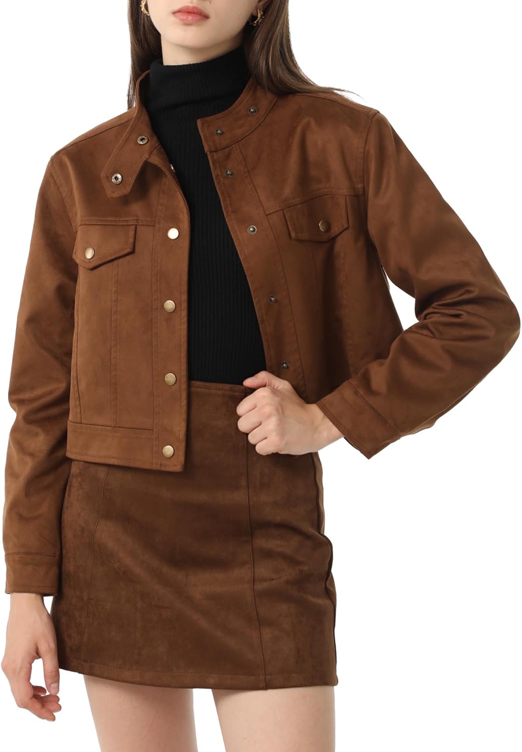 Babalet Womens Cropped Jacket Button Down Faux Suede Short Bomber Jacket Long Sleeve Varsity Jacket Casual Shacket Jackets