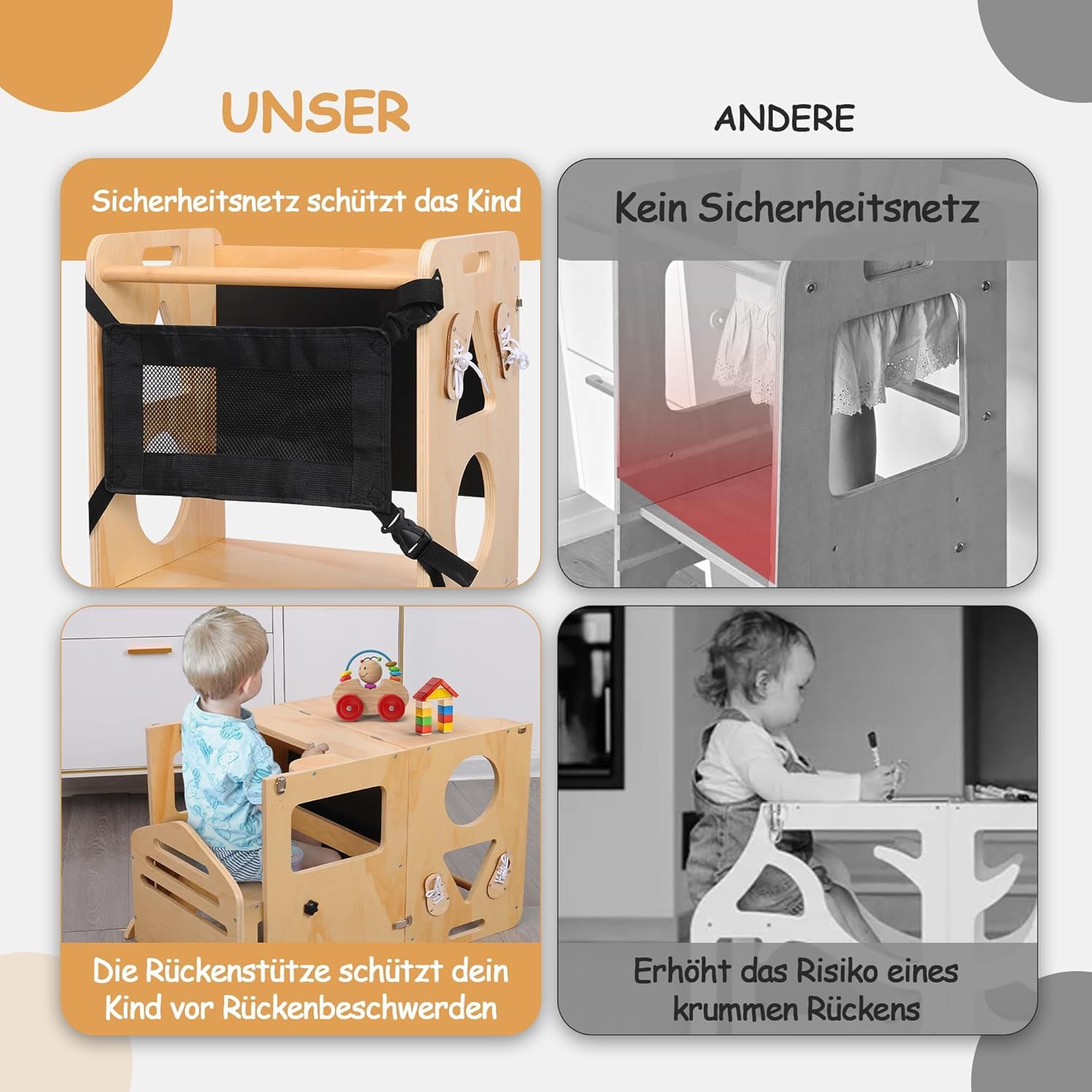 Olvy Kids 3-in-1 Montessori Lernturm - Klappbarer Learning Tower - Trittleiter Holz - Kindertritt 3 Stufen - Küchenturm Kinder - Steh Lernturm ab 1 Jahr - Kindertreppe Faltbar
